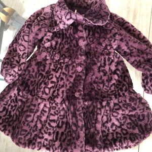 Faux Fur Purple Leopard Peplum Flower Button Coat